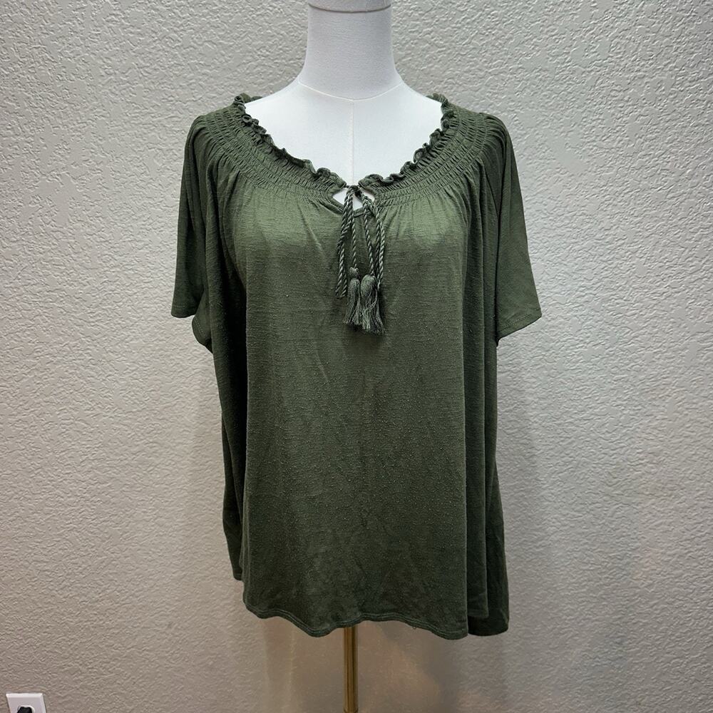 Faded Glory Women’s Green Short Sleeve Tie-Neck Blouse Top Sz XXL